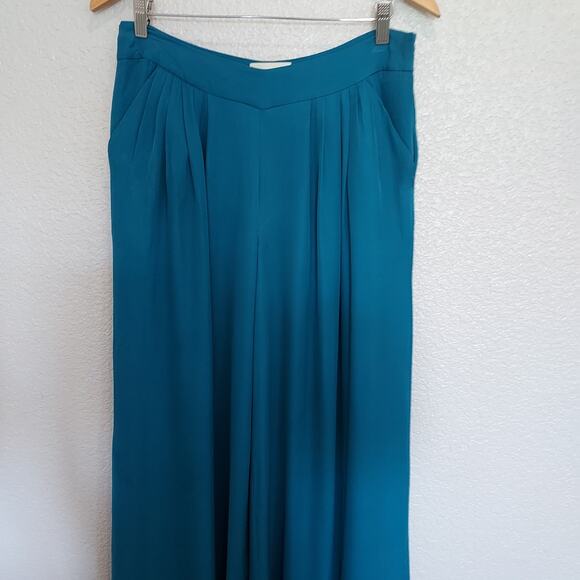 Anthropologie's Elevenses Teal Blue Super Wide Leg Palazzo Pants Pleats Size 10 - Picture 2 of 12